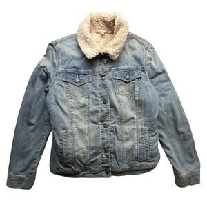 LL Bean Signature Denim Trucker Sherpa Lined Jean Jacket Womens 14 Large Blue